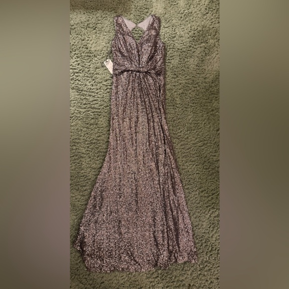 NWT Franssical Silver Sequin Gown with Back Cut Out Size 6